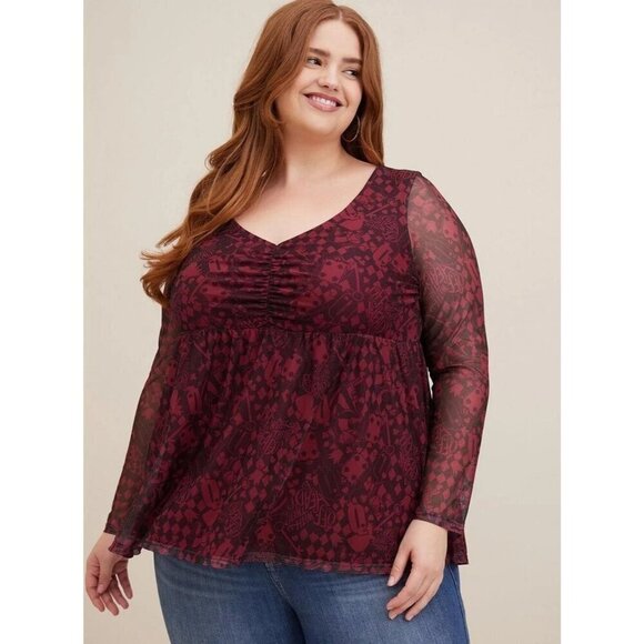 Torrid 4 Disney Villains Queen of Hearts Top 4X Long Sleeve Cinch Front Mesh - Picture 1 of 9